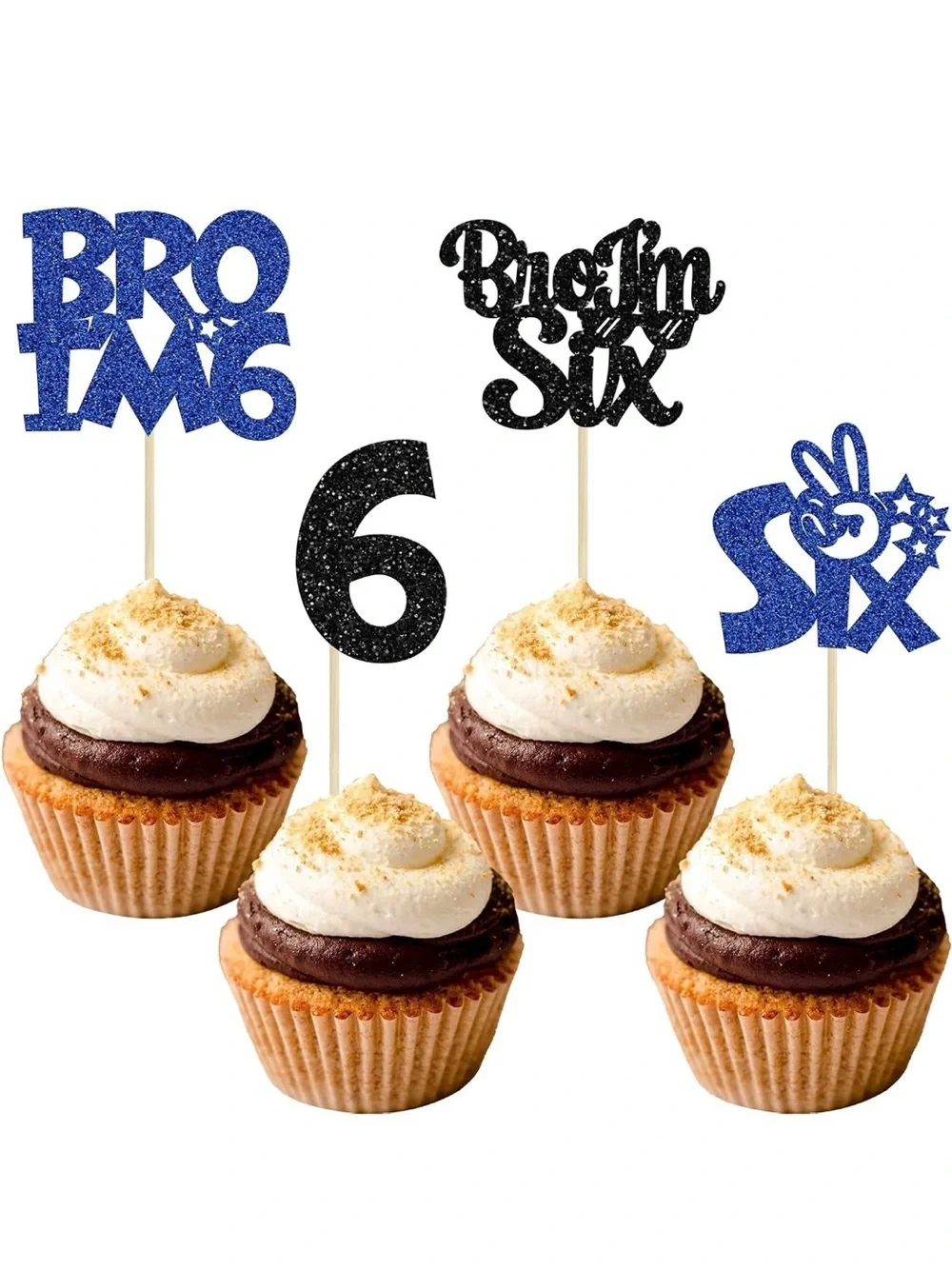 Glitter Number Six Cupcake Toppers - Blue & Black Party Picks
